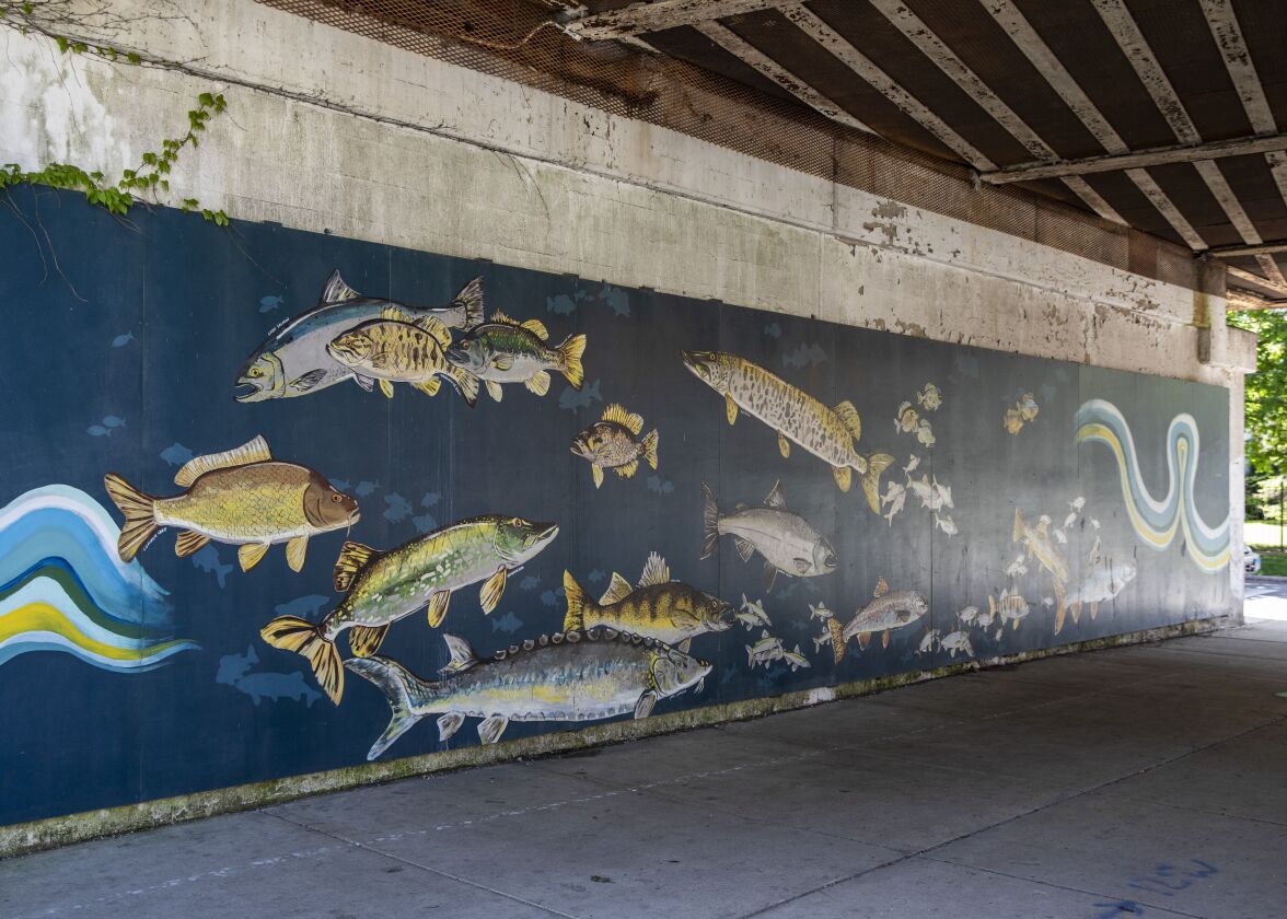 Amanda Paulson’s “A Tribute to the Fish of Lake Michigan,” completed in 2011 at the L viaduct at Pratt Boulevard and Glenwood Avenue.